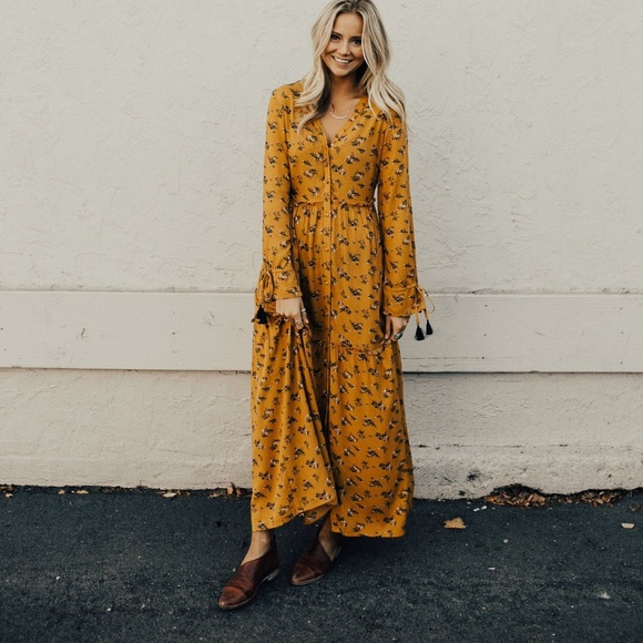 mustard maxi dress long sleeve